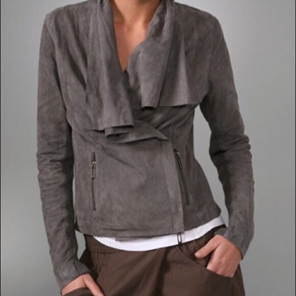 Vince Jacket Drape Collar Paper Weight Suede Biker Jacket in Grey, Medium - Picture 16 of 16